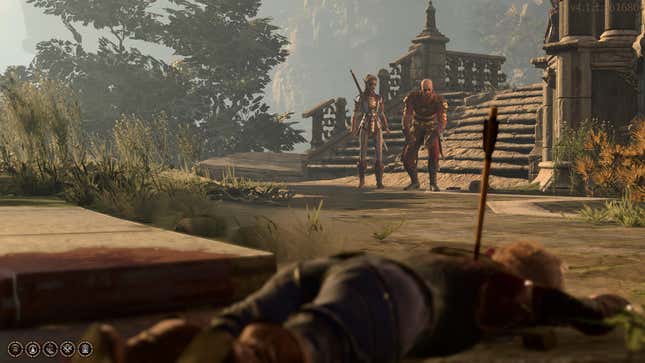 A hero and Lae'zel are seen looking at the aftermath of a battle, including a person shot in the back with an arrow.