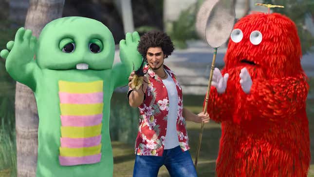 Ichiban holds up a bug while standing in-between two costumed characters. 
