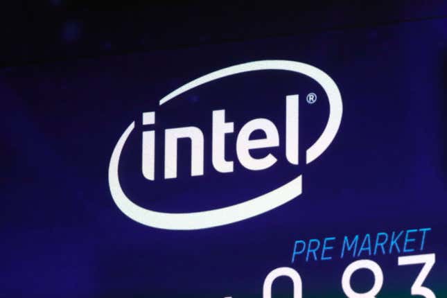 FILE - The Intel logo appears on a screen at the Nasdaq MarketSite, in New York&#39;s Times Square, on Oct. 3, 2018. European Union antitrust enforcers slapped Intel on Friday, Sept. 22, 2023, with a fresh $400 million fine in a long-running legal fight that the chipmaker appeared to have won last year, in a postscript to a case that dates back more than a decade. (AP Photo/Richard Drew, File)