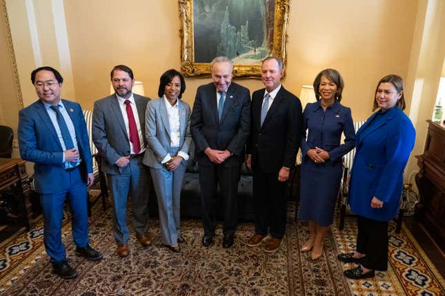 UNITED STATES - NOVEMBER 12: Senate Majority Leader Chuck Schumer, D-N.Y., center, poses with he incoming freshman Democratic Senators in his office in the Capitol on Tuesday, November 12, 2024. From left are Senators-elect Any Kim, D-N.J., Ruben Gallego, D-Ariz., Angela Alsobrooks, D-Md., AdamSchiff, D-Calif., Lisa Blunt Rochester, D-Del., and Elissa Slotkin, D-Mich. 