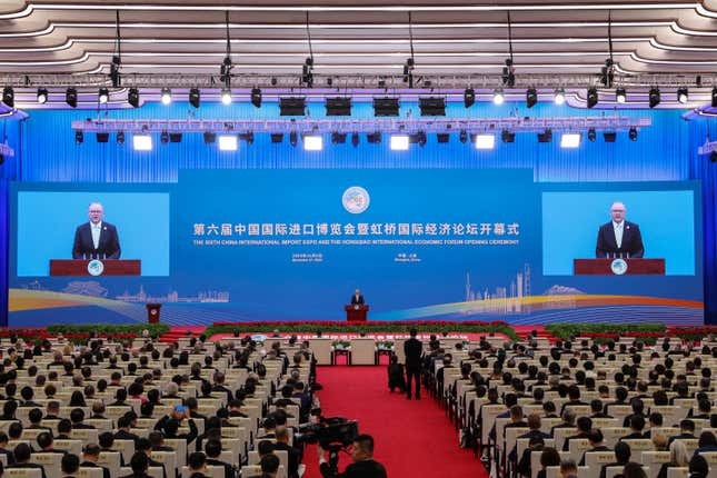 In this photo released by Xinhua News Agency, Australian Prime Minister Anthony Albanese delivers his speech at the opening ceremony of 6th China International Import Expo (CIIE) and the Hongqiao International Economic Forum in Shanghai on Sunday, Nov. 5, 2023. Albanese struck an optimistic tone ahead of his meeting with Chinese leader Xi Jinping on Monday, Nov. 6 calling for cooperation while emphasizing that the two countries will continue to have differences. (Jin Liwang/Xinhua via AP)