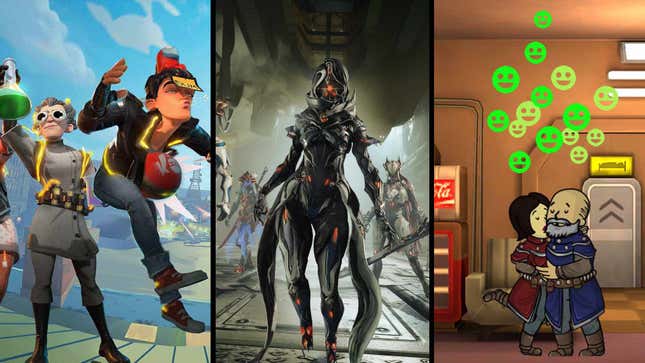 Key art for Knockout City, Warframe, and Fallout Shelter illustrates that there are a lot of good free games on Nintendo Switch.