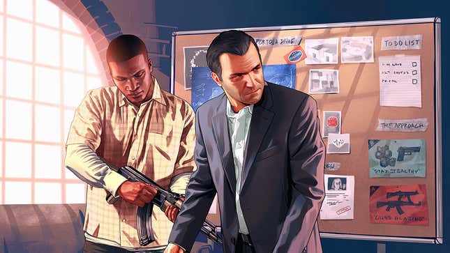 Los protagonistas de GTA V, Franklin (izquierda) y Michael (derecha), se encuentran en una habitación con lo que parece un tablero de pruebas.
