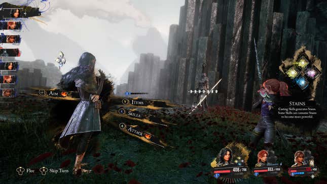 The heroes do battle against foes in a rocky, cliffside.