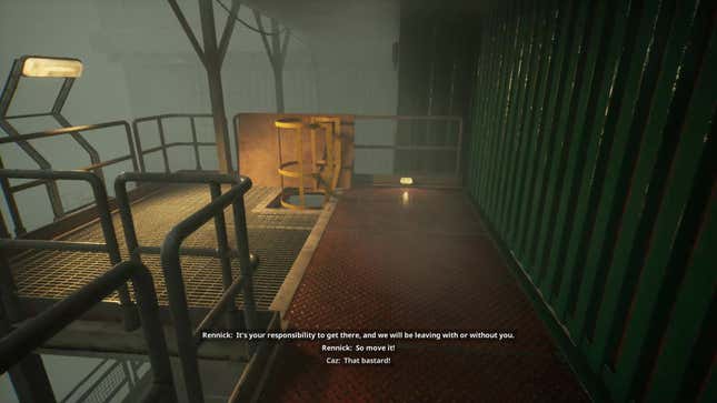 The player walks toward a ladder taking them further down into the oil rig.