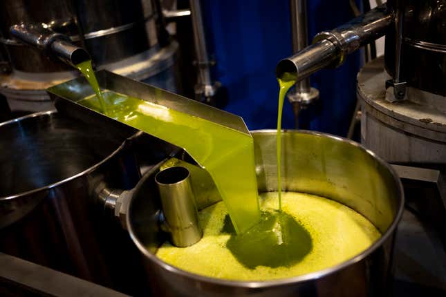 FILE - A tank is filled with olive oil at the &quot;La Betica Aceitera&quot; oil mill in the southern town of Quesada, a rural community in the heartland of Spain&#39;s olive country, Thursday, Oct. 27, 2022. Olive oil has increased by some 75 % since January 2021, dwarfing overall annual inflation that has already been considered unusually high over the past few years and even stood at 11.5 % in October last year. (AP Photo/Bernat Armangue, File)