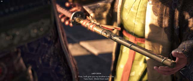 A character hands a sword to another person.