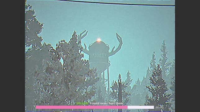 A screenshot shows a water tower from the perspective of a camcorder.