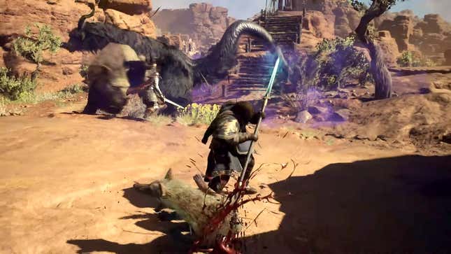 Dragon's Dogma 2's Mystic Spearhand stabs a beast on the ground while a chimera rages in the background.