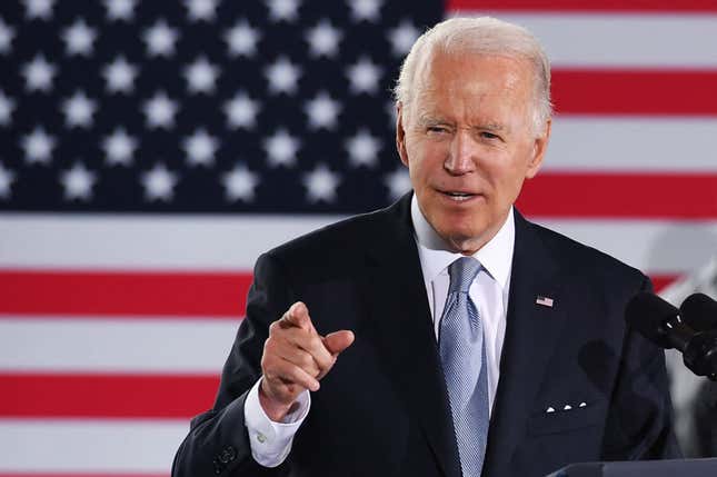 US President Joe Biden speaks on the infrastructure investments made at Portland International Airport, at the Portland Air National Guard 142 Fighter Base in Portland, Oregon, on April 21, 2022.