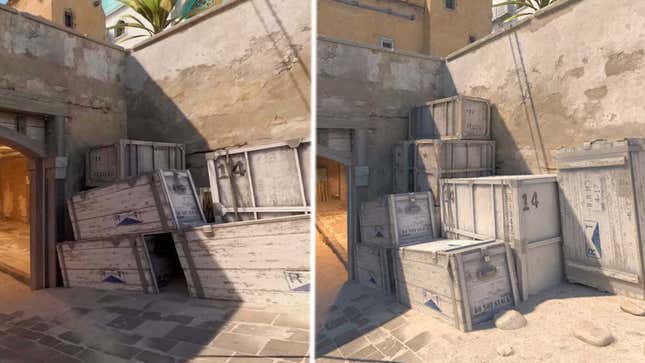 A screenshot showing the crates as they appeared before and after the Dust2 update. 