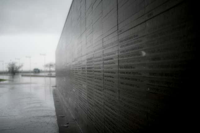 A wall in Memory Park carries the names of people who disappeared during Argentina&#39;s 1976-1983 dictatorship in Buenos Aires, Argentina, Thursday, Aug. 17, 2023. During Argentina&#39;s bloody dictatorship (1976-1983), military officials carried out the systematic theft of babies from political prisoners who were often executed and disposed of without a trace. (AP Photo/Natacha Pisarenko)