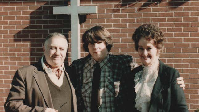 A vintage snapshot of Ed Warren, David Glatzel, and Lorraine Warren in The Devil on Trial