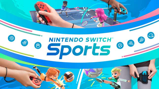The Switch Sports graphic shows characters playing sports while players use Joy-Cons.