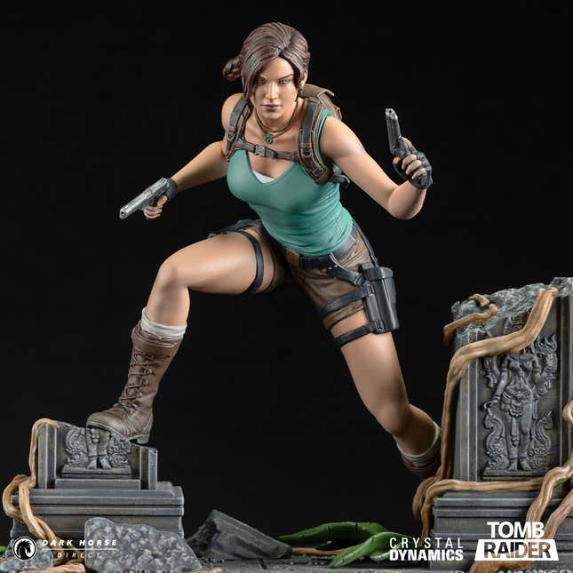 A close-up of the Lara Croft statue from the front.