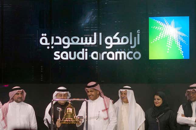 FILE - Saudi Arabia&#39;s state-owned oil company Aramco and stock market officials celebrate the debut of Aramco&#39;s initial public offering on the Riyadh Stock Market, in Riyadh, Saudi Arabia, Dec. 11, 2019. Saudi Arabia&#39;s crown prince transferred another 8% of shares in the kingdom&#39;s oil giant Saudi Aramco to the country&#39;s prominent sovereign wealth fund Thursday, March 7, 2024, shares worth some $160 billion. (AP Photo/Amr Nabil, File)