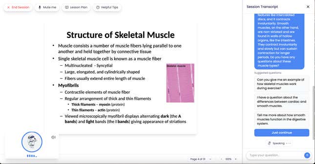 image of the tutor me tool tlaking a student through the structure of skeletal muscle