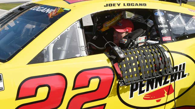 Joey Logano (#22 Team Penske Shell Pennzoil Ford) waits to qualify during qualifying for the running of the NASCAR Cup Series Ambetter Health 400 on February 24, 2024, at Atlanta Motor Speedway in Hampton, GA.