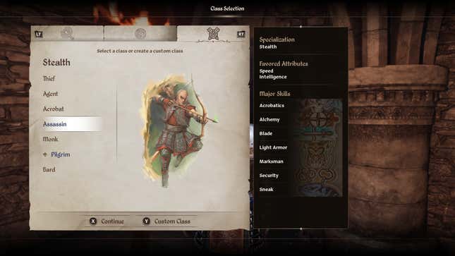 The character selection screen for the Assassin in Oblivion Remastered.