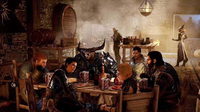  Inquisition characters sit around a table.