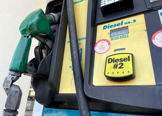  Diesel prices over $6.50 a gallon are displayed on a pump at a Chevron gas station on May 02, 2022 in San Rafael, California.