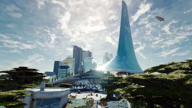 Several buildings sit under the sun in New Atlantis.