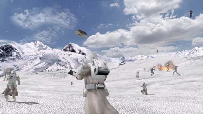 A Star Wars battlefield shows forces in combat.