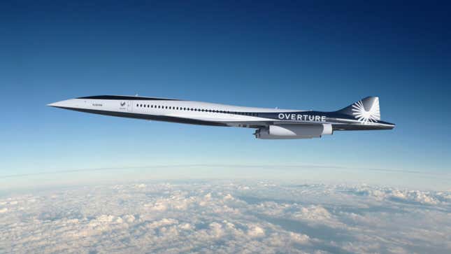 An artistic mockup of the Overture airliner in flight.