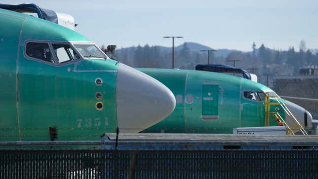A photo of Boeing 737 Max noses lined up at the factory. 