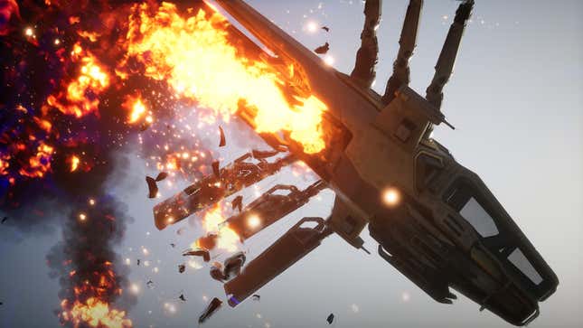 An Ornithopter on fire and crashing in Dune Awakening.