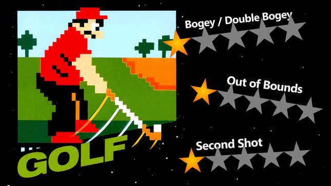 The classic "black box" artwork for NES Golf is shown, depicting a pixelated, mustachioed man who is NOT Mario, swinging a golf club. To the right are three one-star-out-of-five ratings, one labeled "Bogey / Double Bogey," one labeled "Out of Bounds," and one labeled "Second Shot."