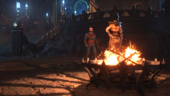 Rook and Morrigan talk outside the Lighthouse.