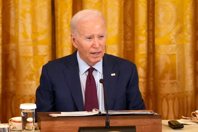 President Joe Biden speaks during a trilateral meeting with Philippine President Ferdinand Marcos Jr. and Japanese Prime Minister Fumio Kishida in the East Room of the White House in Washington, Thursday, April 11, 2024. (AP Photo/Mark Schiefelbein)