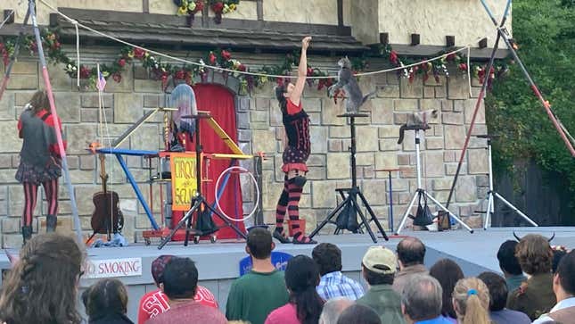 A woman holds a piece of chicken in front of a cat while both are on stage at a Renaissance Faire