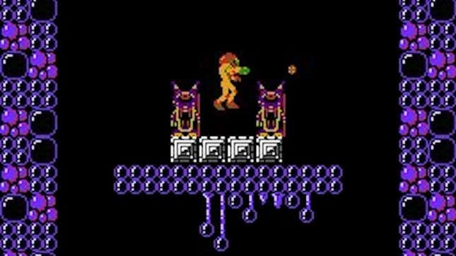 Samus stands on a platform in a vertical shaft