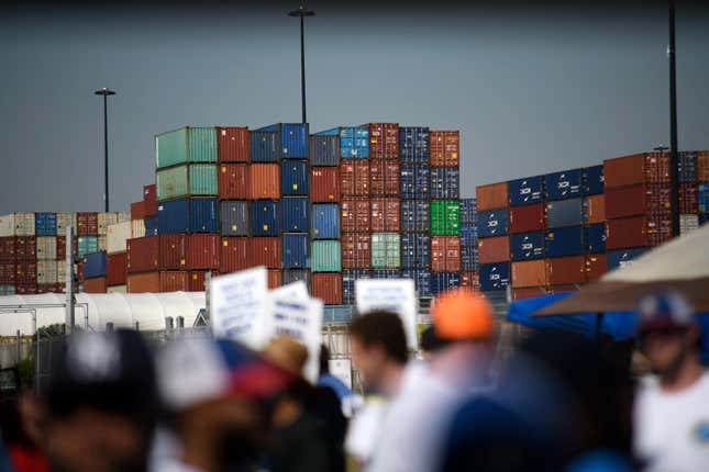 Dockworkers strike at the Bayport Container Terminal in Seabrook, Texas, on October 1, 2024.