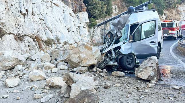 Image for article titled Huge Boulder Crushes Mercedes Sprinter Like It&#39;s A Beer Can At A Frat Party