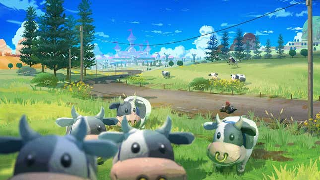 Cows appear in a meadow as Mario drives by.