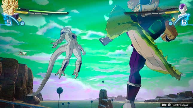 Frieza shows a look of pain as he is being kicked in the stomach by the modern version of Broly.