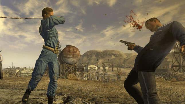 A screenshot shows a person using a golf club to attack someone in New Vegas. 