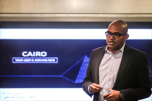 Jambu Palaniappan, regional general manager for Uber, speaks at its official launch in Cairo in Feb. 2015.