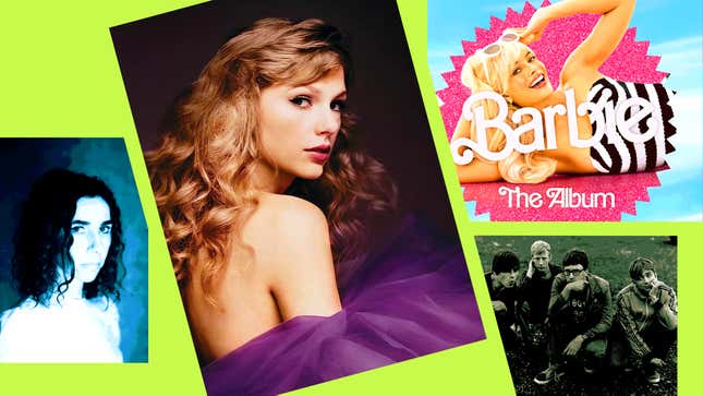 Clockwise from left: PJ Harvey (Photo: Steve Gullick), Taylor Swift (Speak Now album cover: Republic Records), Barbie: The Album (Cover: Atlantic Records), Blur (‘90s-era Photo: Kevin Westenberg)
