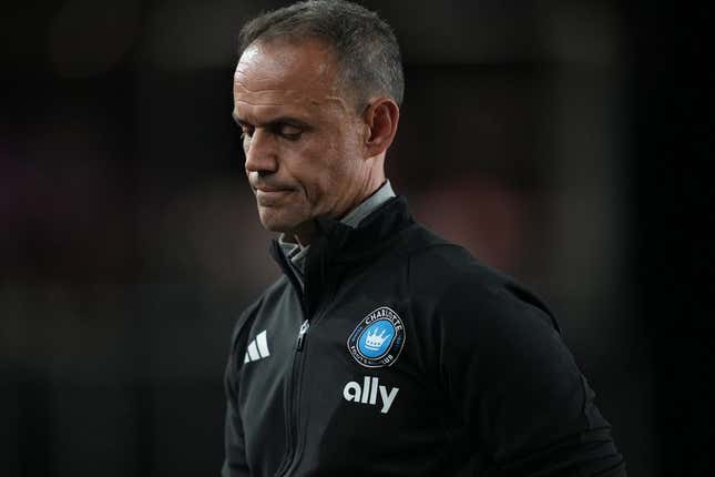 Oct 18, 2023; Fort Lauderdale, Florida, USA; Charlotte FC head coach Christian Lattanzio reacts during the second half at DRV PNK Stadium.