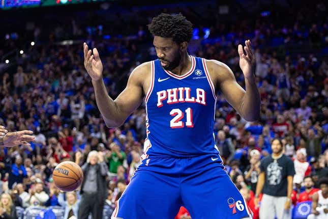 Oct 29, 2023; Philadelphia, Pennsylvania, USA; Philadelphia 76ers center Joel Embiid (21) reacts after a score against the Portland Trail Blazers during the third quarter at Wells Fargo Center.