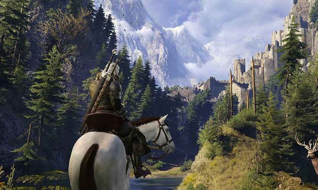 Geralt rides a horse through a forest