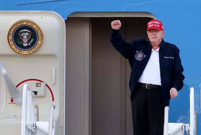 President Donald Trump departs from Air Force One at Miami International Airport on February 19. Boeing’s replacements for the aircraft are years behind schedule. 