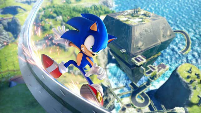 Sonic grinds a rail in Sonic Frontiers.