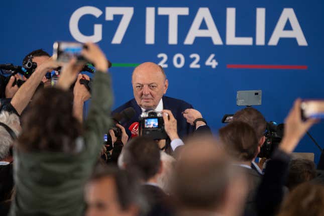 Italy&#39;s Environment and Energy Security Minister Gilberto Pichetto Fratin talks during the G7 Climate, energy and environment press conference at Venaria Reale in Turin, Italy, Tuesday April 30, 2024. (Alberto Gandolfo/LaPresse via AP)