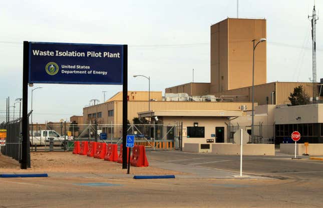 FILE - A sign markss he Waste Isolation Pilot Plant, March 6, 2014, near Carlsbad, N.M. Top officials gathered Tuesday, March 26, 2024, in southern New Mexico to mark the 25th anniversary of the nation’s only underground repository for radioactive waste resulting from decades of nuclear research and bomb making. (AP Photo/Susan Montoya Bryan, File)