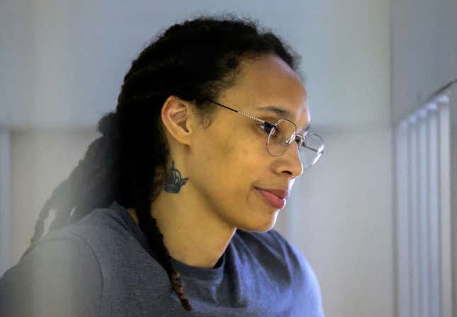 Brittney Griner waits for the verdict inside a defendants’ cage during a hearing in Khimki outside Moscow, on August 4, 2022. - A Russian court found Griner guilty of smuggling and storing narcotics after prosecutors requested a sentence of nine and a half years in jail for the athlete. (Photo by EVGENIA NOVOZHENINA / POOL / AFP) (Photo by EVGENIA NOVOZHENINA/POOL/AFP via Getty Images)